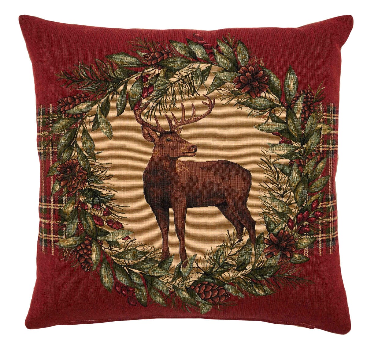 Stag & Wreath Red Tapestry Cushion with Feather Filler 