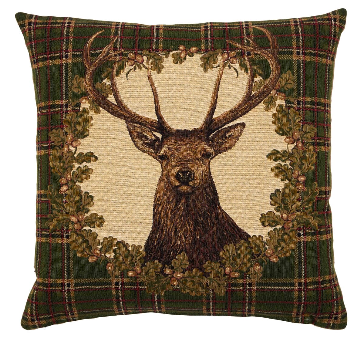 Stag - Green Tartan Tapestry Cushion with Feather Filler 