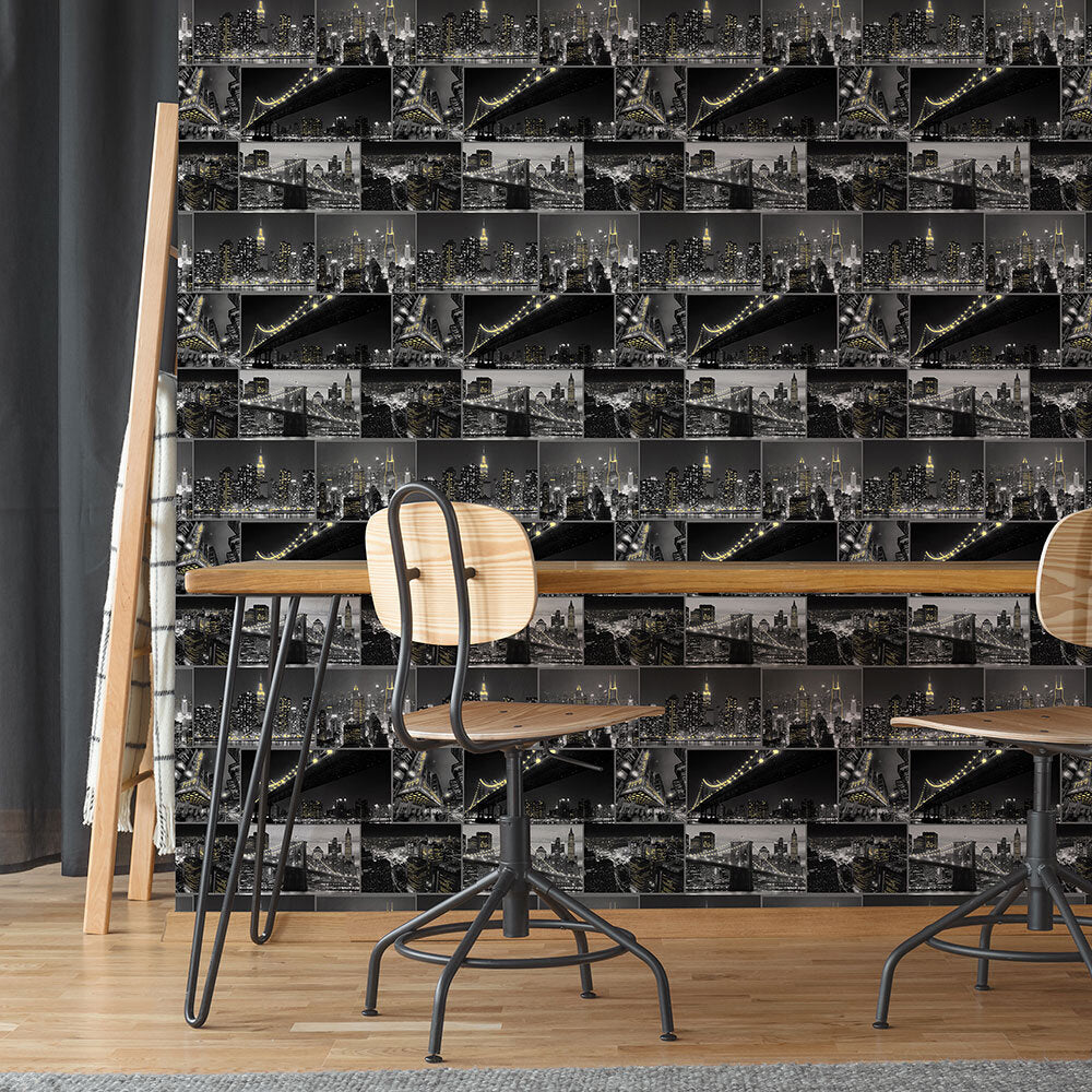 City at Night Room Wallpaper - Black