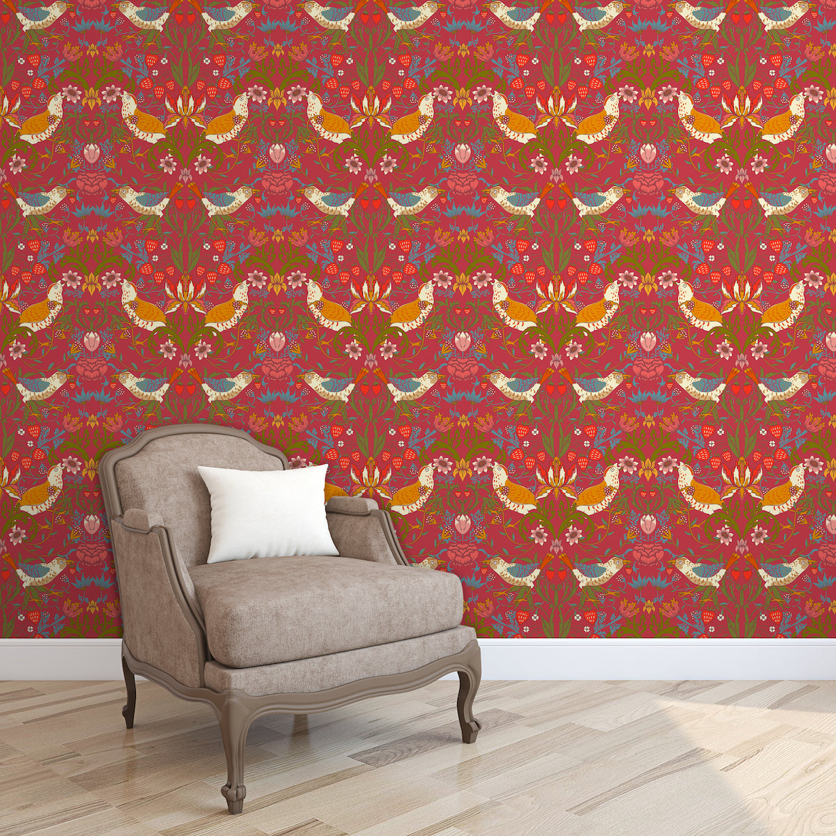 1027 - Strawberry Thief Wallpaper - Crimson-Red by Morris Collections