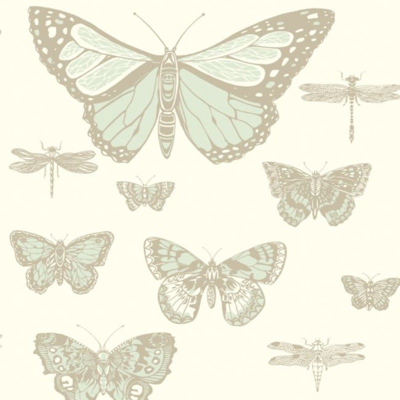 Butterflies & Dragonflies Wallpaper - Duck Egg & Metallic Gilver on Pale Cream - 103/15065