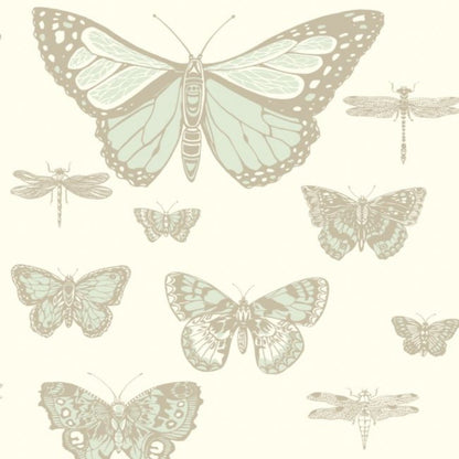 Butterflies & Dragonflies Wallpaper - Duck Egg & Metallic Gilver on Pale Cream - 103/15065