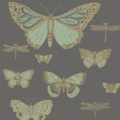 Butterflies & Dragonflies Wallpaper - Viridian & Metallic Gold on Charcoal - 103/15067