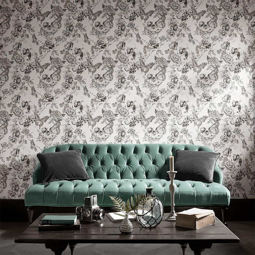 104560 - Skull Wallpaper - Roses - Graham & Brown