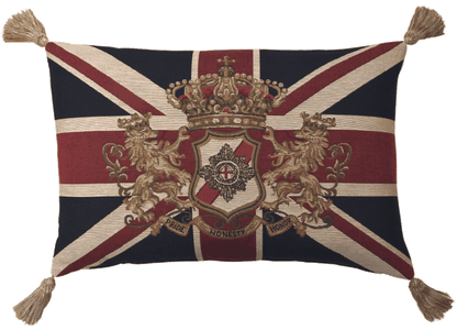 Union Jack Crest Large Tapestry Cushion With Tassels with Feather Filler 