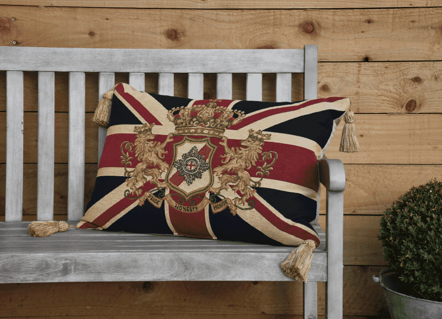 Union Jack Crest Large Tapestry Room Cushion With Tassels with Feather Filler 