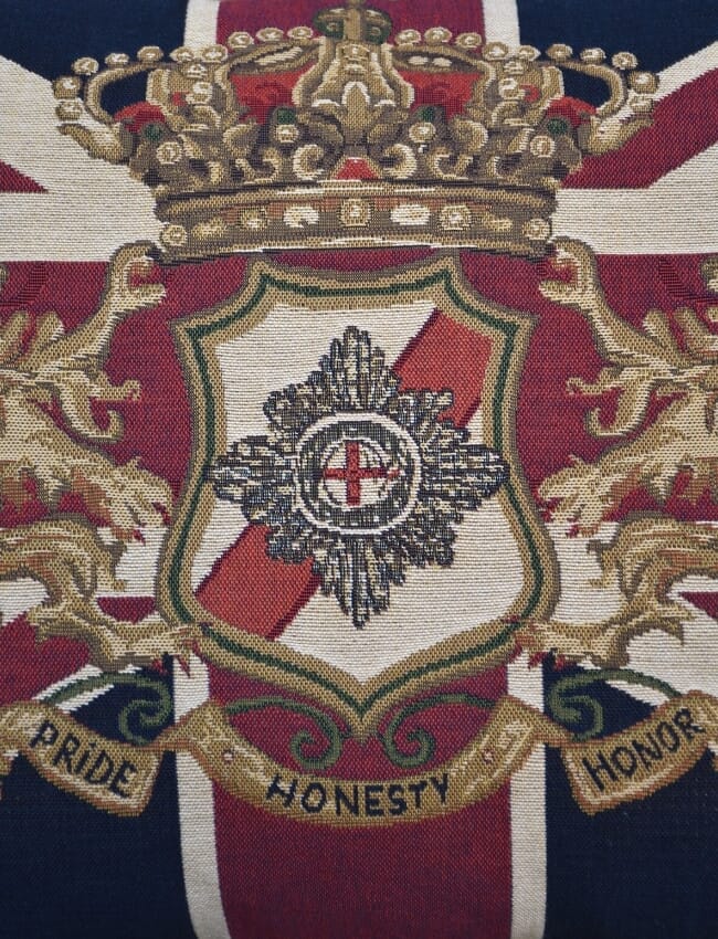 Union Jack Crest Large Tapestry Room Cushion With Tassels with Feather Filler 