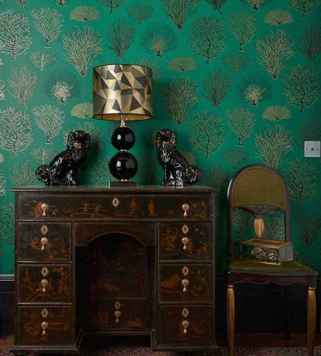 Seafern Wallpaper - Charcoal & Metallic Gold on Emerald - 107/2007