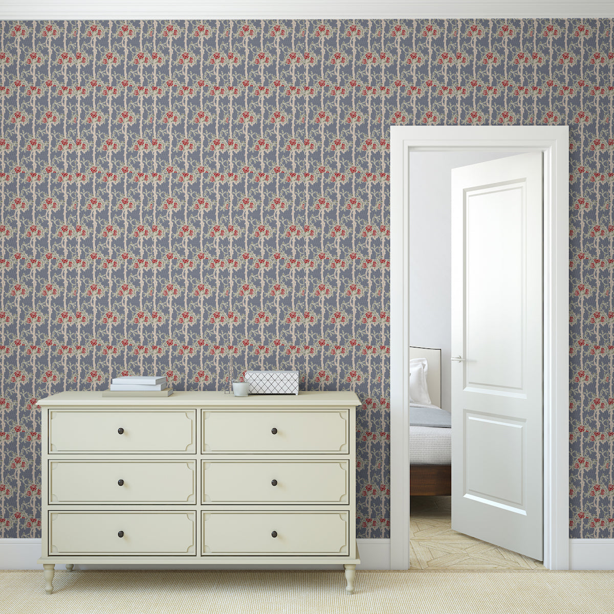 1084 - Forest Rose Wallpaper - Grey Blue Rose by Morris Collections