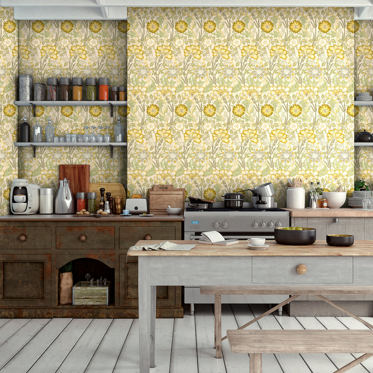 1091 - Iris & Chrysanthemum Wallpaper - Fern Green by Morris Collections