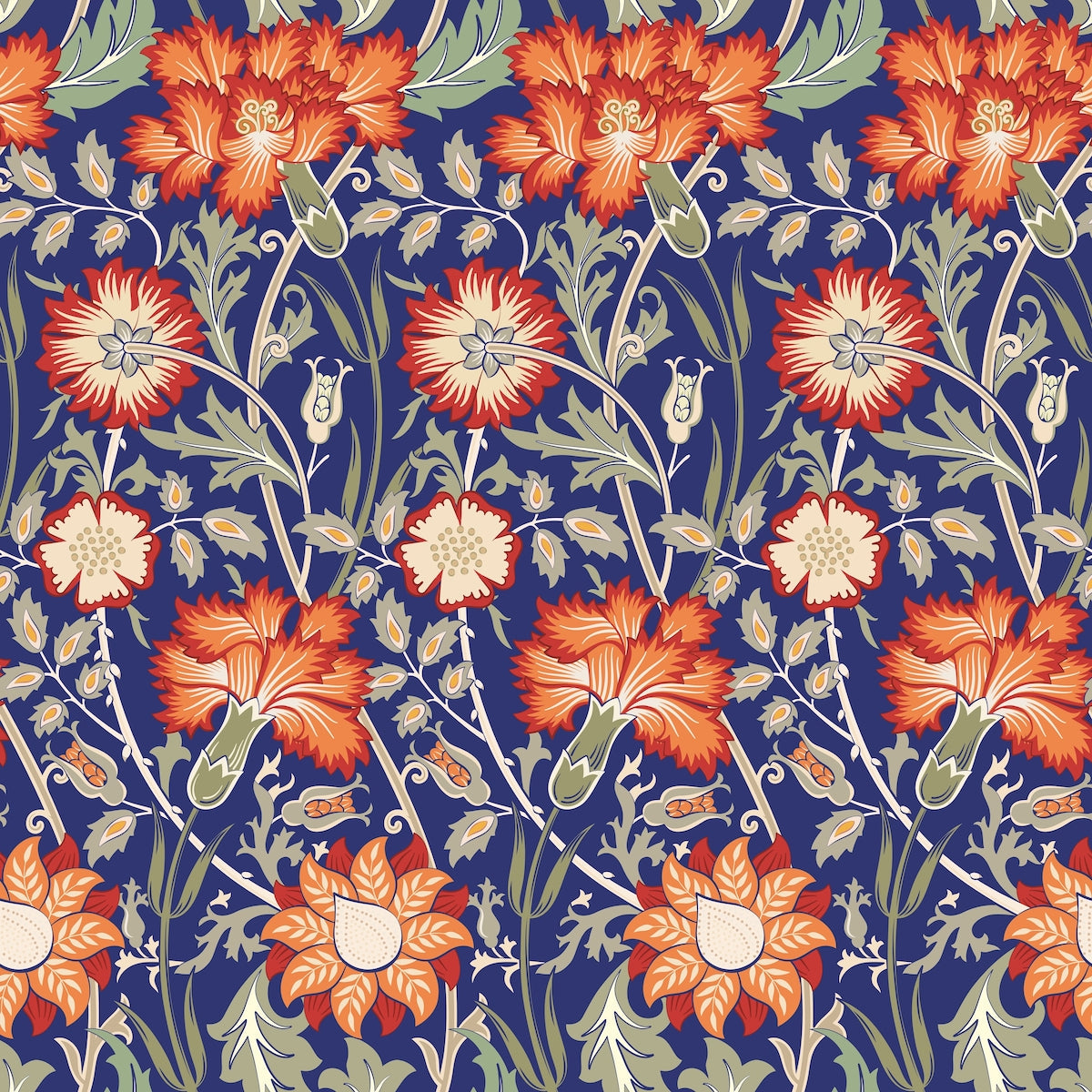 1095 - Iris & Chrysanthemum Wallpaper - Azure Blue Red by Morris Collections