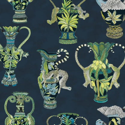 Khulu Vases Wallpaper - Multi Greens & Blues on Ink - 109/12058