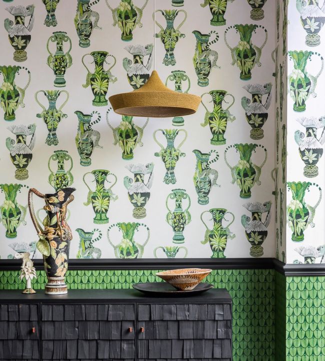 Khulu Vases Wallpaper - Multi Greens & Blues on Ink - 109/12058