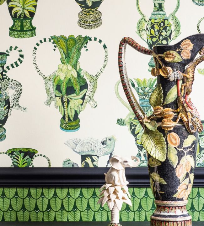 Khulu Vases Wallpaper - Multi Greens & Blues on Ink - 109/12058