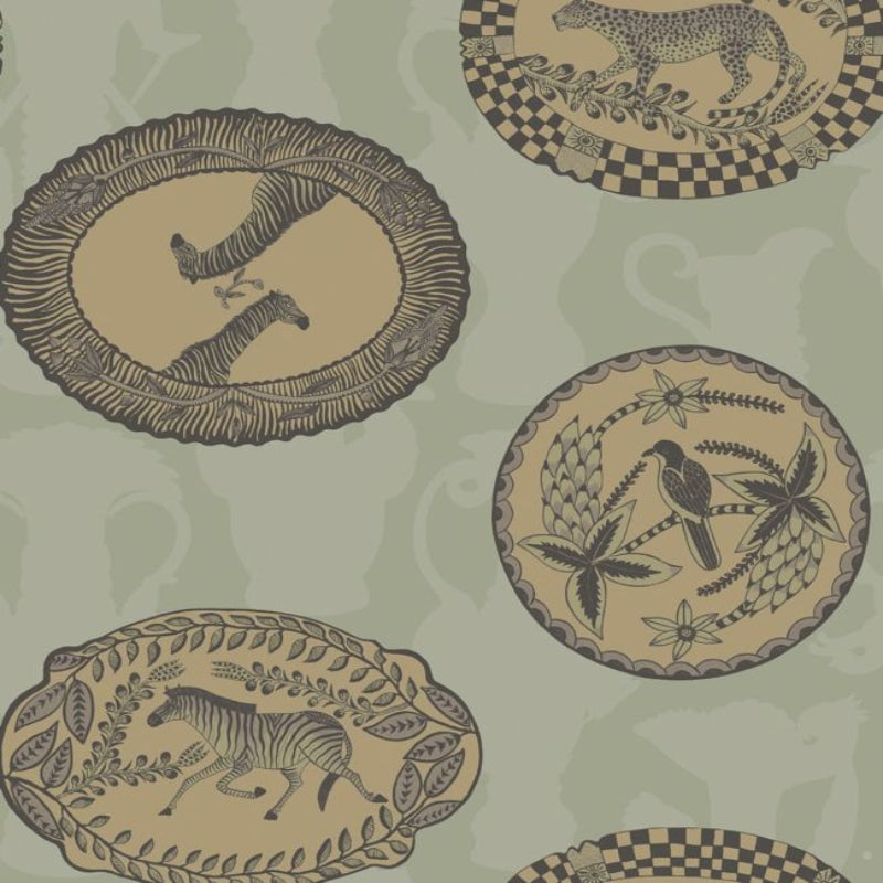 Matrinah Wallpaper - Metallic Gold & Charcoal on Old Olive - 109/4021
