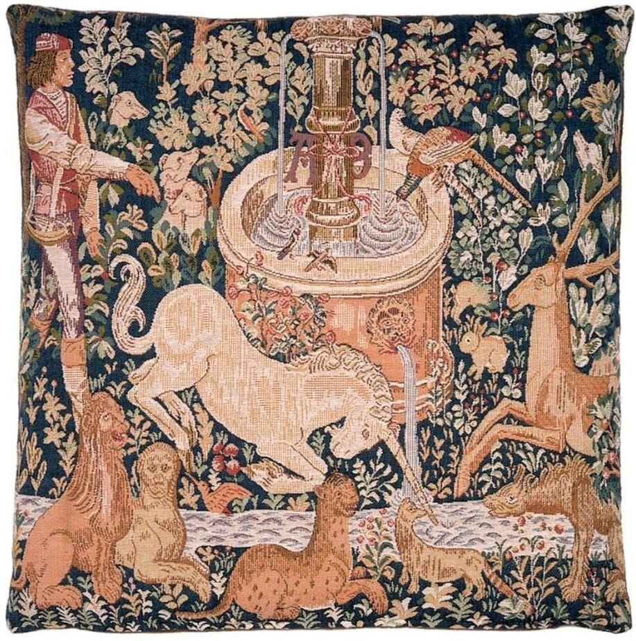 Unicorn at the Fountain Tapestry Cushion with Feather Filler 