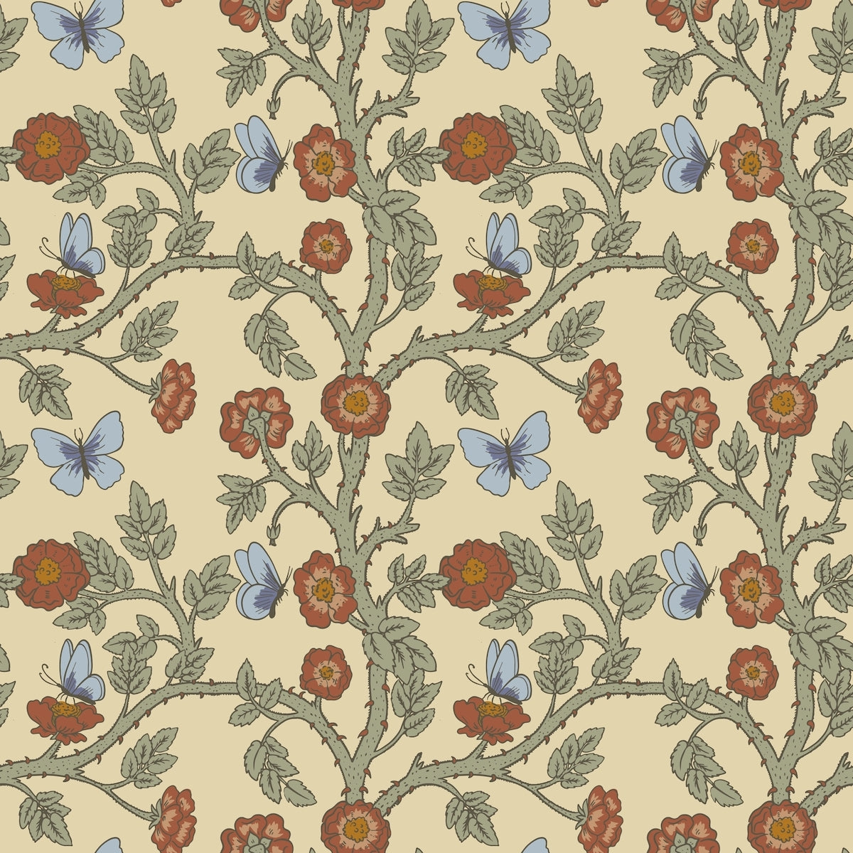 1125 - Thorn & Butterfly Wallpaper - Custard by Morris Collections