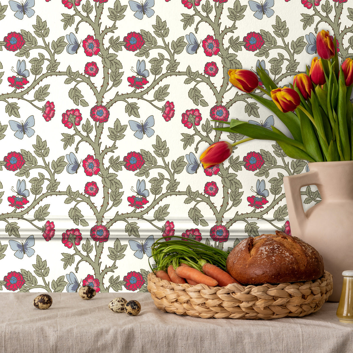 1126 - Thorn & Butterfly Wallpaper - Ivory White by Morris Collections