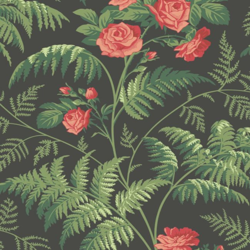 Rose Wallpaper - Red & Leaf Green on Charcoal - 115/10030