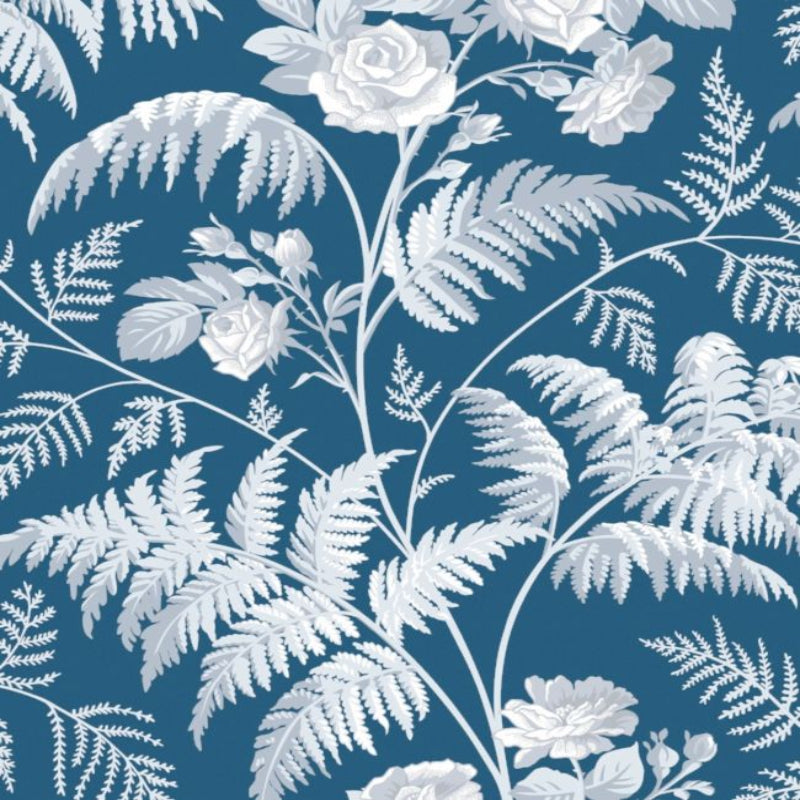 Rose Wallpaper - White & Ice Blue on Denim - 115/10031