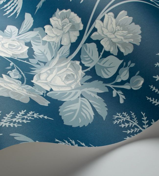 Rose Wallpaper - White & Ice Blue on Denim - 115/10031