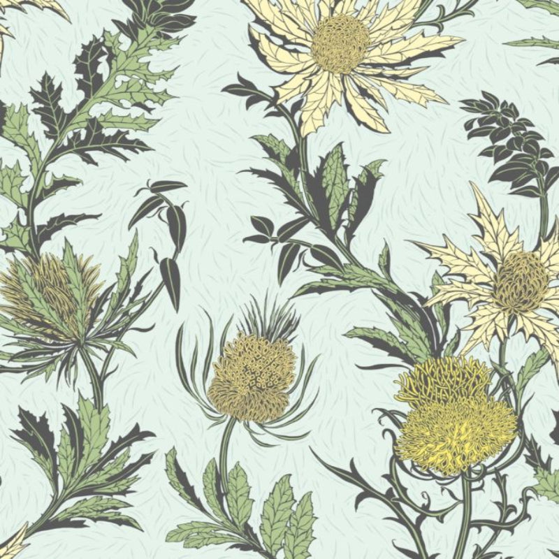 Thistle Wallpaper - Lemon & Olive on Sea Foam - 115/14042