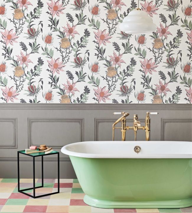 Thistle Wallpaper - Lemon & Olive on Sea Foam - 115/14042