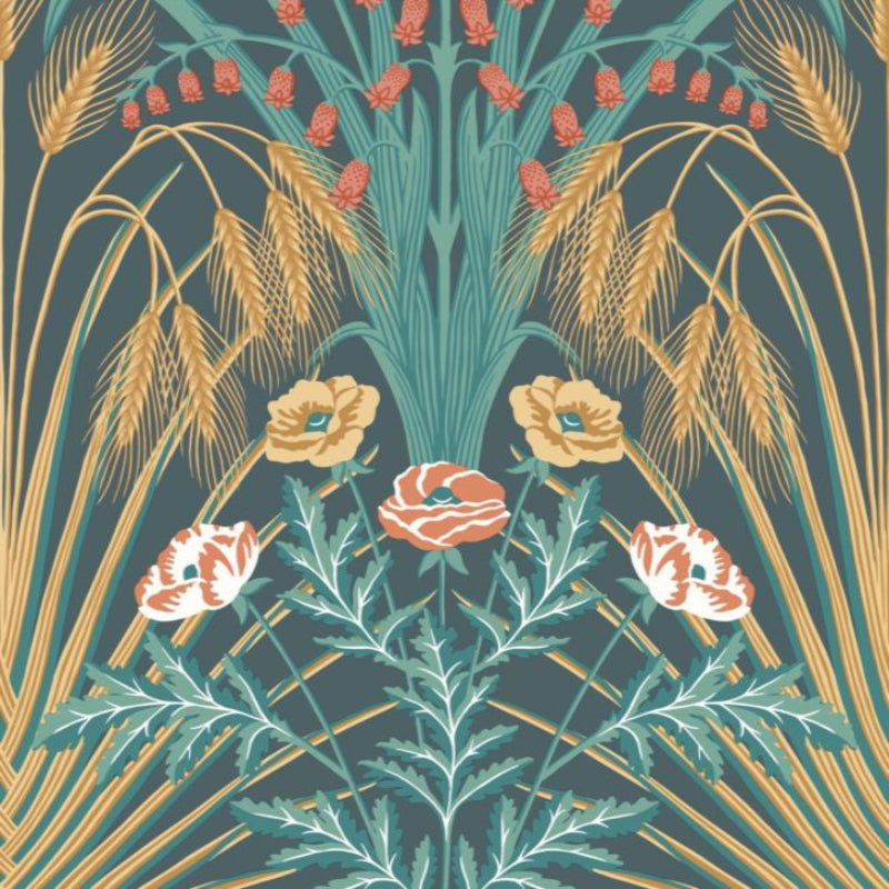 Bluebell Wallpaper - Viridian, Metallic Gold & Coral on Dark Viridian - 115/3010