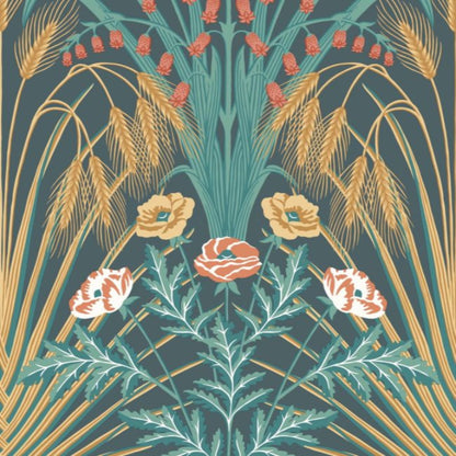 Bluebell Wallpaper - Viridian, Metallic Gold & Coral on Dark Viridian - 115/3010