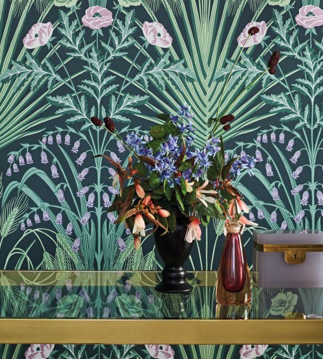 Bluebell Wallpaper - Viridian, Metallic Gold & Coral on Dark Viridian - 115/3010
