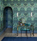 Bluebell Wallpaper - Viridian, Metallic Gold & Coral on Dark Viridian - 115/3010