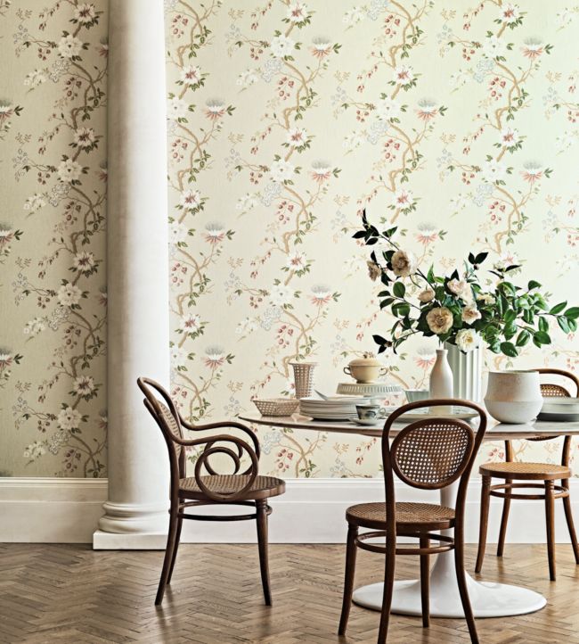 Camellia Wallpaper - Coral & Duck Egg on Eau du Nil - 115/8024