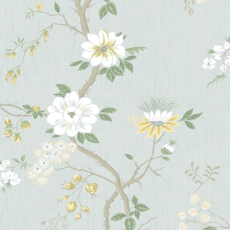 Camellia Wallpaper - Lemon & Sage on Sea Foam - 115/8025