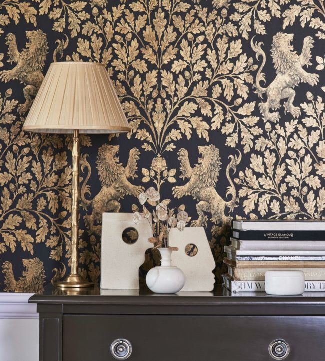 Boscobel Oak Wallpaper - Metallic Antique Gold on Black - 116/10036
