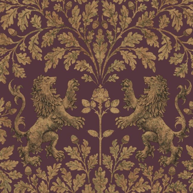 Boscobel Oak Wallpaper - Metallic Autumnal Gold on Claret - 116/10038