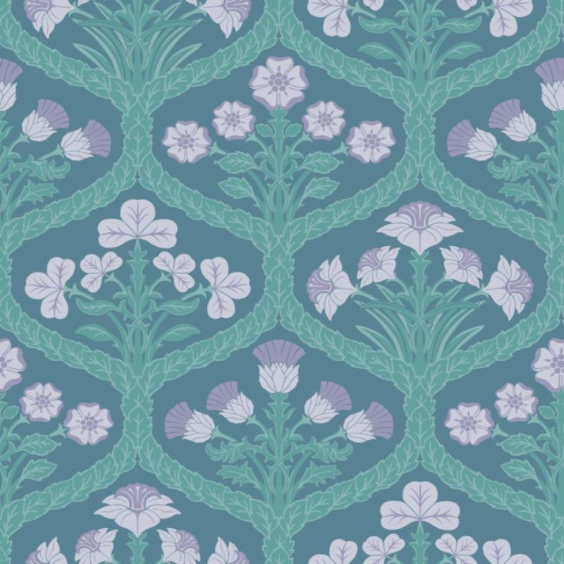 Floral Kingdom Wallpaper - Lilac & Teal on Denim - 116/3011