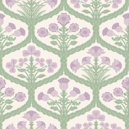 Floral Kingdom Wallpaper - Mulberry & Olive Green on Parchment - 116/3012