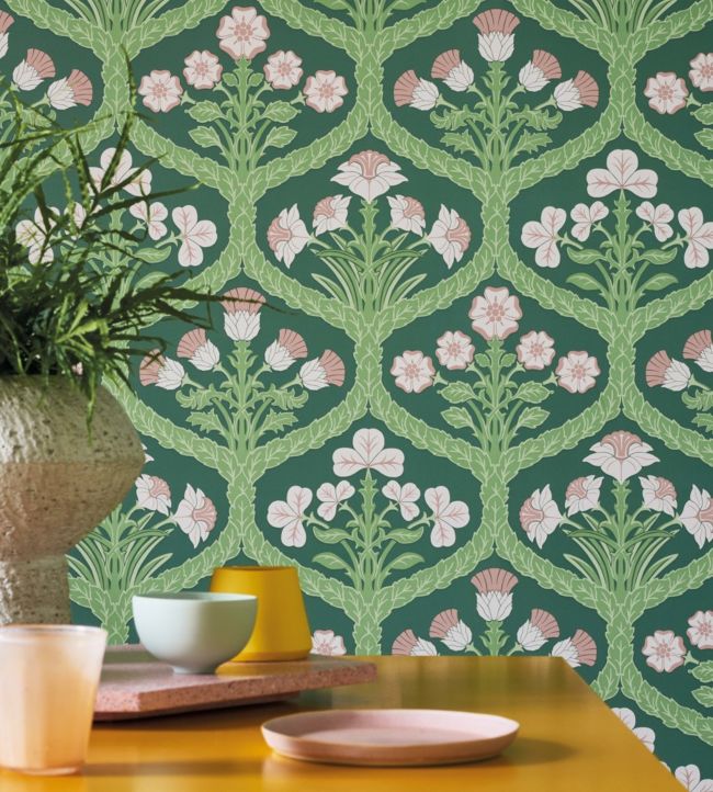 Floral Kingdom Wallpaper - Mulberry & Olive Green on Parchment - 116/3012