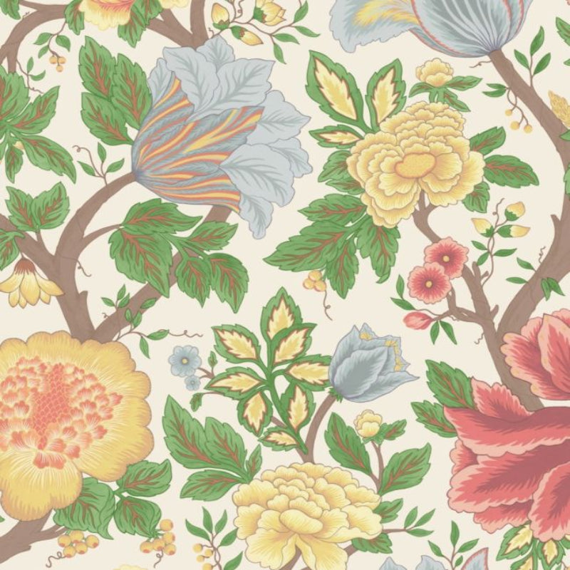 Midsummer Bloom Wallpaper - Chartreuse, Rouge & Leaf Green on Parchment - 116/4013