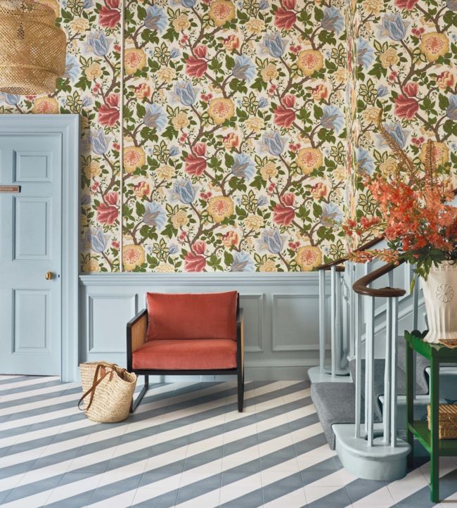 Midsummer Bloom Wallpaper - Chartreuse, Rouge & Leaf Green on Parchment - 116/4013