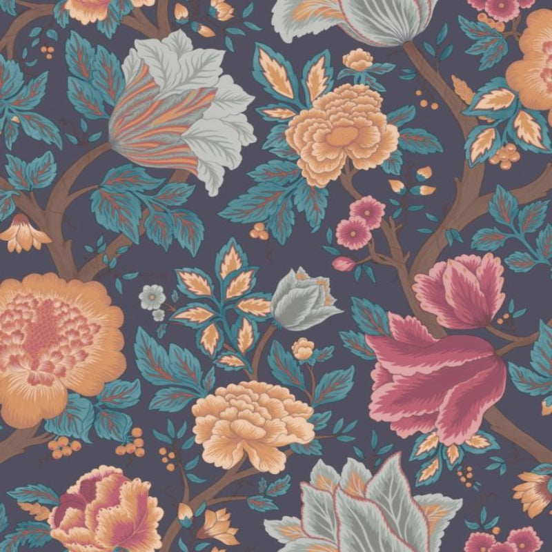 Midsummer Bloom Wallpaper - Burnt Orange, Rose & Petrol on Ink - 116/4014