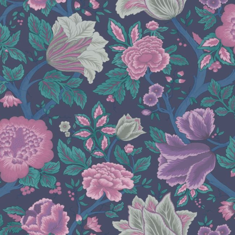 Midsummer Bloom Wallpaper - Mulberry, Purple & Teal on Ink - 116/4015