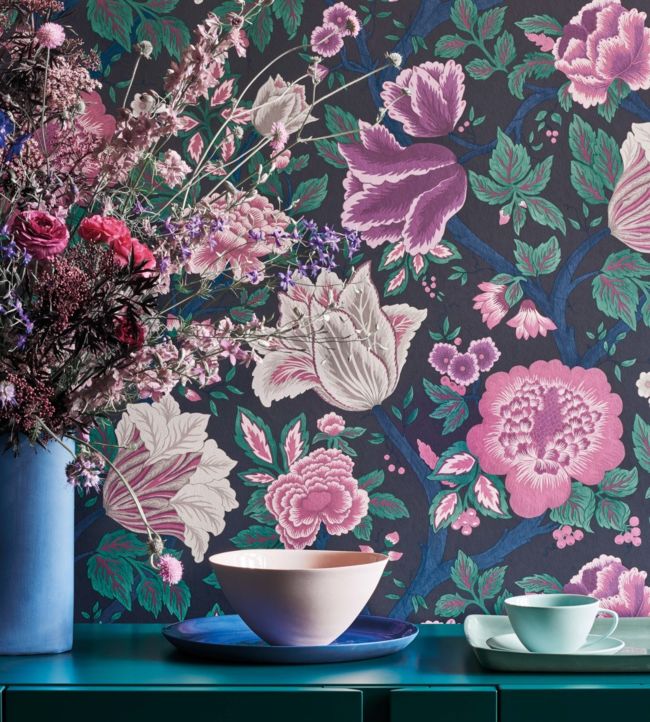 Midsummer Bloom Wallpaper - Mulberry, Purple & Teal on Ink - 116/4015
