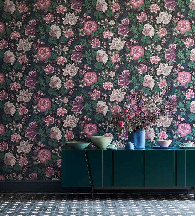 Midsummer Bloom Wallpaper - Mulberry, Purple & Teal on Ink - 116/4015