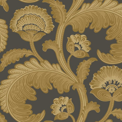 Fanfare Flock Wallpaper - Ochre on Charcoal - 116/7027