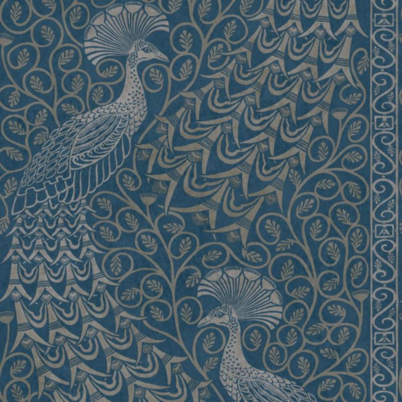 Pavo Parade Wallpaper - Metallic Silver on Denim - 116/8029