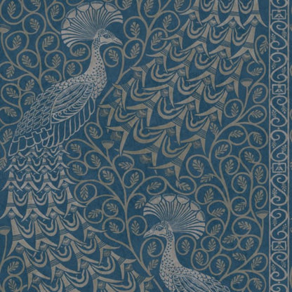 Pavo Parade Wallpaper - Metallic Silver on Denim - 116/8029