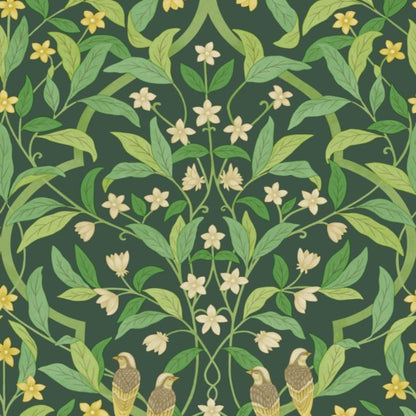 Jasmine & Serin Symphony Wallpaper - Yellow & Leaf Green on Dark Forest Green - 117/10029