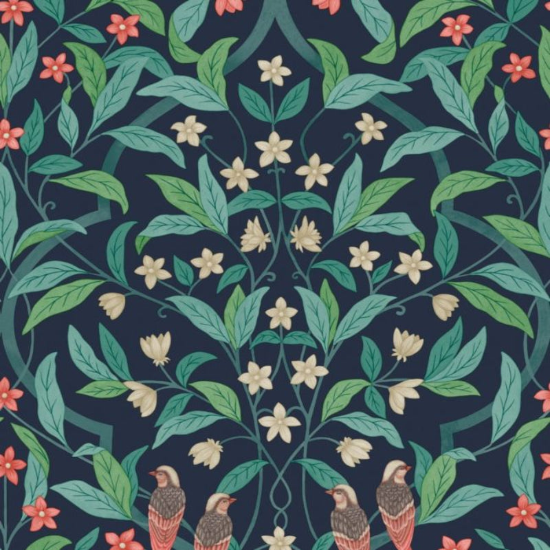 Jasmine & Serin Symphony Wallpaper - Coral & Petrol on Ink - 117/10030