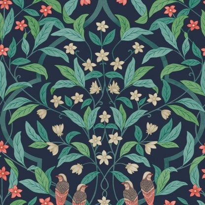 Jasmine & Serin Symphony Wallpaper - Coral & Petrol on Ink - 117/10030